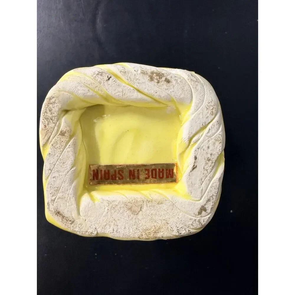 Vintage Made in Spain Yellow Woven Basket Ceramic Planter Cachepot Mid Century